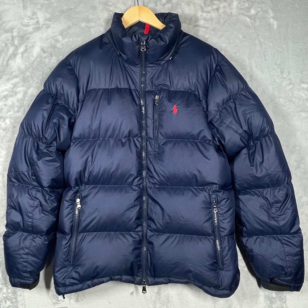 Polo Ralph Lauren Performance Navy Blue Puffer Jacket Red Pony L Hood Missing